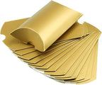 Aokbean 100 Pack Mini Pillow Candy Box Small Gift Boxes with 50 Yards Ribbon for Christmas Wedding Party Favor Gift, Jewelry or Soap Packaging (Gold)