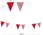 32Ft Red Party Decorations Red Plaid Checkered White Triangle Flag Gingham Pennant Bunting Fabric Garland for Christmas Wedding Birthday Carnival Picnic X-mas Outdoor Home Party Festivals Decoration