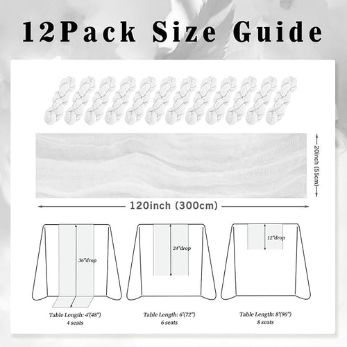 10FT 12 Pack White Cheesecloth Table Runner 20 x 120 Inch Long Rustic Gauze Cheese Cloth Table Runner for Wedding Bridal Baby Shower Table Decorations Boho Fabric Sheer Birthday Party Table Decor
