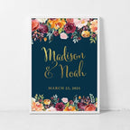 Andaz Press Personalized Extra Large Wedding Easel Board Party Sign, 12x18-inch, Fall Autumn Orange Burgundy Coral Roses on Navy Blue, Bride Groom Names and Date, 1-Pack, Custom