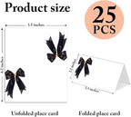 25 Pack Black Bow Place Cards, Editable Name Cards for Table Setting, Tent Cards Food Label for Dinner Party, Bridal Shower, Wedding, Baby Shower and Events -T29
