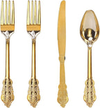 WDF 200 Pieces Gold Plastic Silverware Disposable - 50 Guests Heavy Duty Thanksgiving Gold Plastic Cutlery - Disposable Utensils Includes 100 Forks, 50 Spoons, 50 Knives Perfect for Party/Weeding