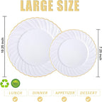 U-QE 60 Pcs White Plastic Plates with Gold Trim – Scalloped Plastic Plates Heavy Duty - Include 30 10.25" Dinner & 30 7.25" Dessert Plate – Perfect for Weddings, Bridal Showers and Party