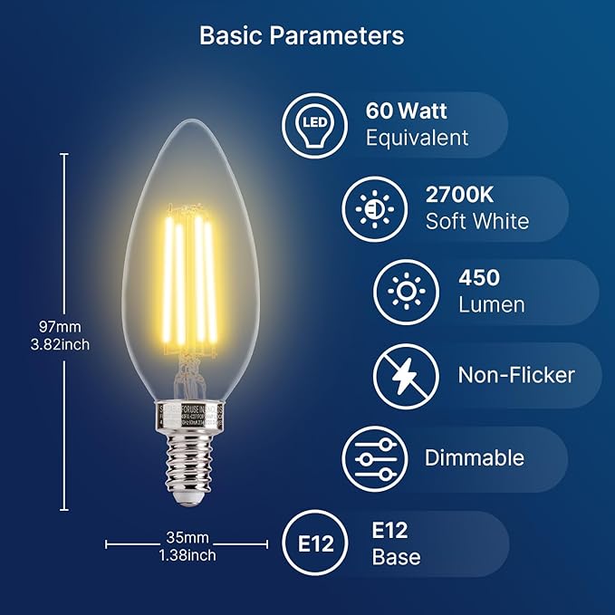 FLSNT B11 E12 LED Candelabra Bulbs 60W Equivalent, Dimmable LED Candle Light Bulbs, 2700K Soft White (Warm Light), Pack of 12