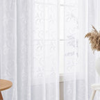 Sheer Curtains White 95 Inches Vintage Embroidered Floral, Window Treatments Rod Pocket Drapes for Living room, Bedroom, Semi Crinkle Voile Curtain Panels for Yard, Villa, Parlor, Set of 2, 52"x95".