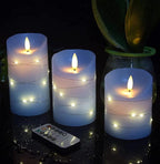 danip Sky Blue LED Flameless Candle with Embedded Starlight String, 3 LED Candles, 11 Key Remote Control, 24 Hour Timer Function, Dancing Flame, True Wax, Battery Powered. (Sky Blue)