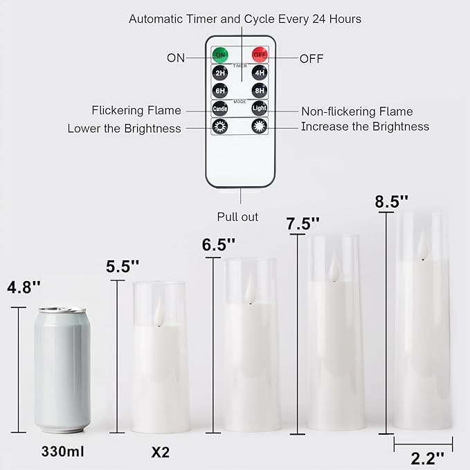 Amagic Pure White Flameless Candles, Battery Operated Candles, Acrylic Flickering LED Pillar Candles with Remote Control and Timer, 3D Wick, Yellow and Blue Glow, D2.2 xH5 5" 6" 7" 8", Set of 5