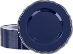 Hioasis 60pcs Blue Plastic Plates - Blue and Silver Disposable Dinnerware with Gold Rim, Heavy-duty, 10.25 inch, Dinner Plates for Party & Wedding