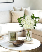 Hollyone White Hydrangea Artificial Flowers in Clear Glass Vase with Faux Water Silk Hydrangeas Fake Flowers Floral Arrangement for Home Bathroom Kitchen Office Table Centerpiece Shelf Decorations