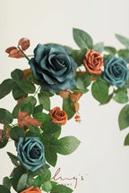 Ling's Moment 5FT Teal Blue Artificial Flower Garland Burnt Orange Rose Eucalyptus Leaves Floral Garland Arch Flowers Vine for Wedding Party Backdrop Decor Home Table Centerpieces Window Decorations