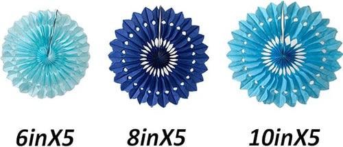 15pcs 6'' 8'' 10'' Paper Fans Set - Blue Tissue Paper Fans Decor for Party, Birthday, Wedding Events