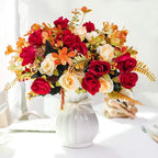 LESING Artificial Fake Flowers with Vase Silk Artificial Roses Wedding Flowers Bouquets Home Office Party Meeting Room Decoration (Red-1)