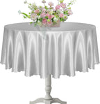KKJIAF 1 Pack Round Table Cloths 90 Inch, Silver Overlay Round Satin Table Cover, Silky Satin Dining Tablecloths for Wedding Buffet Parties Banquet Decoration