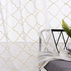 Sheer Curtains Gold 95 Inches Long, Rod Pocket Drapes for Living room, Bedroom, Embroidered Moroccan Tile Lattice Design Semi Crinkle Voile Curtain Panels for Patio, Villa, Parlor, Set of 2, 52"x95".