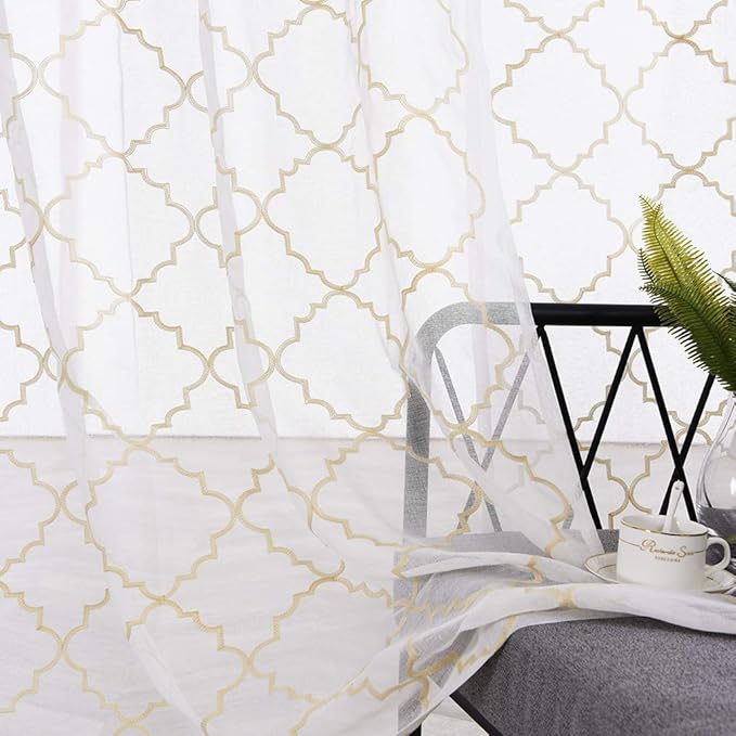 Sheer Curtains Gold 95 Inches Long, Rod Pocket Drapes for Living room, Bedroom, Embroidered Moroccan Tile Lattice Design Semi Crinkle Voile Curtain Panels for Patio, Villa, Parlor, Set of 2, 52"x95".