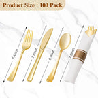 BESTVIP 100 Pack Pre Rolled Gold Plastic Silverware Set, Disposable Wrapped Cutlery Set with 100 Napkins, 100 Knives, 100 Forks and 100 Spoons for Party, Birthday
