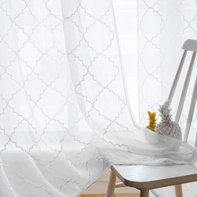 Embroidered Moroccan Tile Lattice Design Sheer Curtains White 45 Inch Length, Rod Pocket Voile Drapes for Living room, Bedroom, Window Treatments Semi Curtain Panels for Yard, Set of 2, 52"x 45".