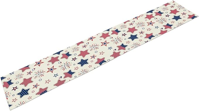 4th of July Table Runner, American Patriotic Independence Day Red Blue White Stars Stripes Fireworks Print Table Runner for Home Party Decor Kitchen Dining Table, 13x36inch