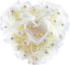 AUEAR, White Wedding Ring Holder Pillow Heart Shape Lace Rose Flower Rhinestone Crystal Box for Ceremony