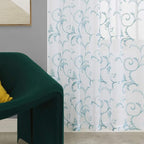 Embroidery Blue Sheer Curtains 84 Inches Long, Rod Pocket Sheer Drapes for Living room, Bedroom, 2 Panels, 52"x84", Vintage Semi Crinkle Voile Window Treatments for Yard, Patio, Villa, Parlor.