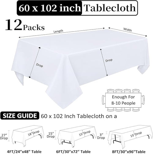 12 Pack White Table Cloth 60 x 102 Inch Rectangular Tablecloths for 6 Foot Rectangle Tables, Wrinkle Resistant White Tablecloth Washable Polyester Fabric Table Covers for Buffet Wedding Party Banquet
