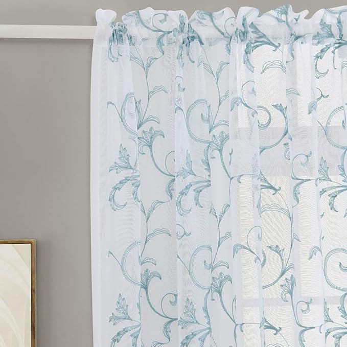Embroidered Sheer Curtains Blue 95 Inches Vintage Floral, Window Treatments Rod Pocket Drapes for Living room, Bedroom, Semi Crinkle Voile Curtain Panels for Yard, Villa, Parlor, Set of 2, 52"x95".