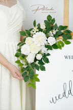 Wedding decor (pack of 2) Welcome Sign Flower Backdrop Garland For Ceremony Reception Wall Easel Home Decoration Entryway Faux Outdoor Board Head Table Decor (White)