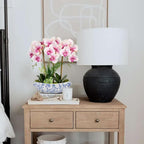 Briful Orchid Artificial Flowers 18in Pink Fake Orchid Silk Flowers with Blue and White Ceramic Pot Faux Phalaenopsis Arrangement for Home Office Room Dining Table Centerpiece Modern Decor