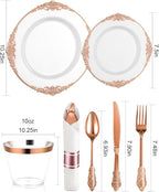Goodluck 350 Piece Rose Gold Plastic Dinnerware Set for 50 Guests,Fancy Disposable Plates,Include: 100 Rose Gold Rim Plastic Plates,150 Silverwares,50 Pre Rolled Napkins,50 Cups for Party,Wedding