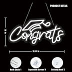 Congrats Grad Neon Sign for Backdrop wall decor，Dimmable USB Powered Light Up Letters for Dorm Walls，White Grad Gifts Sign for Graduation ClassRoom Party bedroom size:16.14 * 7.6 inch