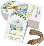 50 Pcs Pumpkin Gift Tags, Fall Theme Gift Tags with String, Thank You for Celebrating with Us Tags for Wedding Thanksgiving Birthday Baby Shower Party Favors (Color Blue)
