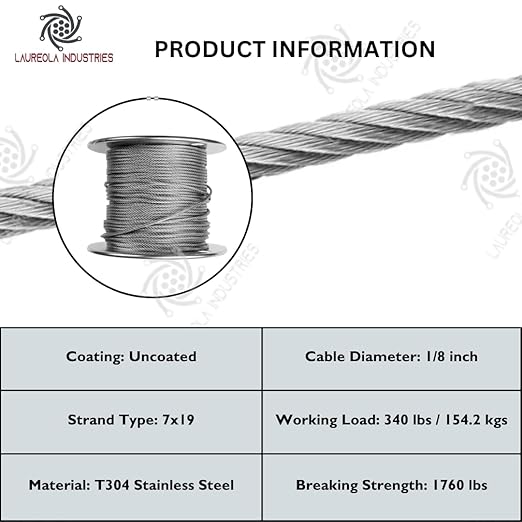 Laureola 1/8" Stainless Steel Aircraft Wire Rope | 304 Grade 7x19 Strand | 500ft Spool | Durable Marine Cable for Rigging, Construction, DIY Projects