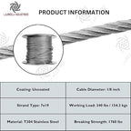 Laureola 1/8" Stainless Steel Aircraft Wire Rope | 304 Grade 7x19 Strand | 500ft Spool | Durable Marine Cable for Rigging, Construction, DIY Projects