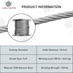 Laureola 1/8" 7x19 Stainless Steel Aircraft Wire Rope 304 Grade (400ft)