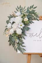 Faux Flower Swag Set of 2 for Wedding Welcome Signs Floral Swag Wedding Reception Ceremony Signs Decor (A-White)