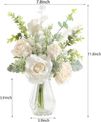 Artificial Flowers with Vase,White Silk Roses and Fake Plant Eucalyptus in Vase,Faux Flower Arrangement with Vase Suitable for Home Office Decoration, Living Room and Dining Table Centerpiece