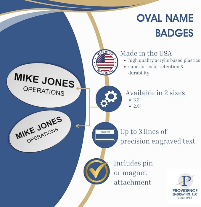 Custom Engraved Name Tag Badges – Personalized Identification with Pin or Magnetic Backing, 3.2 Inch Oval, Black/White
