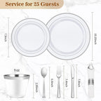 BESTVIP 175PCS Silver Plastic Dinnerware Set, Disposable Party Plates for 25 Guests, Include: 50 Plastic Plates, 25 Pre Rolled Napkins with Silver Silverware, 25 Cups for Christmas, Halloween
