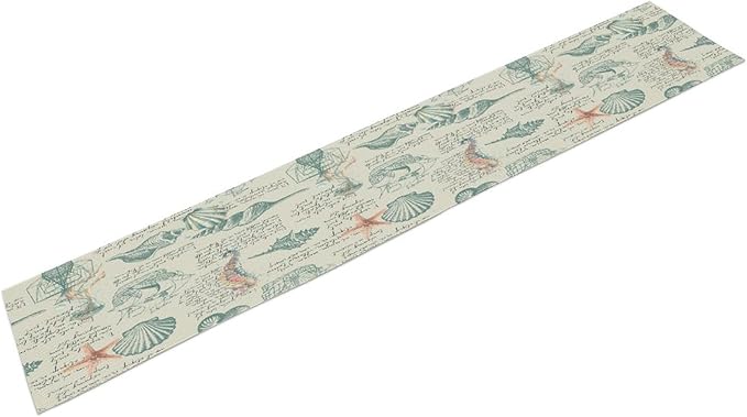 Starfish Table Runner,Seashells Beach Coastal Nautical Sailboat Jellyfish Vintage Hand Drawn Burlap for Hotel Indoors Outdoor Dining Room Kitchen Table Decor, 13x80in