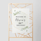 Andaz Press Personalized Extra Large Birthday Easel Board Party Sign, 12x18-inch, Modern Black, Gold with Green Leaves Florals, Welcome to Olivia's 50th Birthday, 1-Pack, Custom Name Age