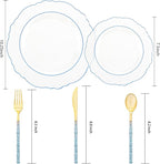 Liacere 150PCS Clear and Blue Plastic Plates-Clear and Blue Disposable Plates with Glitter Bamboo Handle Cutlery-60 Baroque Elegant Plates, 30 Forks, 30 Spoons, 30 Knives for Wedding＆Back to School