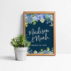 Andaz Press Personalized Extra Large Wedding Easel Board Party Sign, 12x18-inch, Baby Blue Hydrangea Floral Flowers on Navy Blue, Bride Groom Names and Date, 1-Pack, Custom