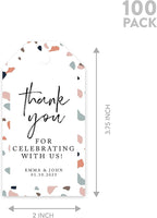 Andaz Press 100-Pack Personalized Thank You Tags with Bakers Twine Terrazzo Custom Cardstock Gift Tags for Wedding Party Favors 2 x 3.75-Inches