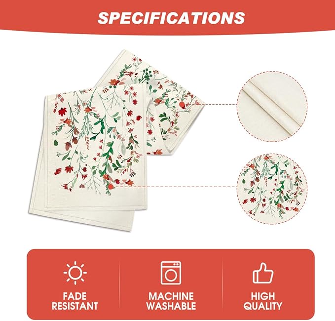 Artoid Mode Floral Leaves Christmas Table Runner, Wild Flowers and Grasses Winter Kitchen Dining Table Decoration for Home Party Decor 13x36 Inch