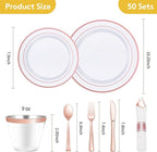 Goodluck 350 Piece Rose Gold Plastic Dinnerware Set for 50 Guests, Fancy Disposable Plates for Party, Include: 50 Dinner Plates, 50 Dessert Plates, 50 Pre Rolled Napkins with Silverware, 50 Cups