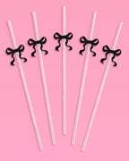 xo, Fetti Black Bow Reusable Straws, 12pcs - Clear Glitter Plastic | Birthday Drink Decorations, Coquette Drinkware, Tying the Knot Party Favor, Bachelorette Decor
