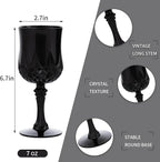 JLYLOL Plastic Vintage Wine Glasses 7OZ Plastic Goblets Vintage Drinking Glasses 24PCS Retro Wedding Glassware Water Goblets Reusable Drinking Cups for Party,Reception,Celebration,Bar,Whiskey(Black)