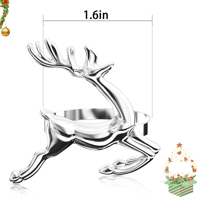 ZeeDix Silver Reindeer Christmas Napkin Rings Set of 8, Napkin Holder Ring for Christmas Dinner Table Decor Cloth Napkins, Wedding Receptions, Holiday Party, Banquet and Home Kitchen