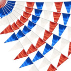 20M/65FT White Blue Red Triangle Pennant Banner Flag Metallic Fabric Bunting Garland for Christmas Graduation, Independence Day, 4th of july, Patriotic Themed Party Decoration