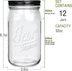 QAPPDA Wide Mouth Mason Jars 32 oz 12 Pack, Large Glass Jars Canning Jar with Lids for Pickling, Storage Food, Meal Prep, Jams, and Spices